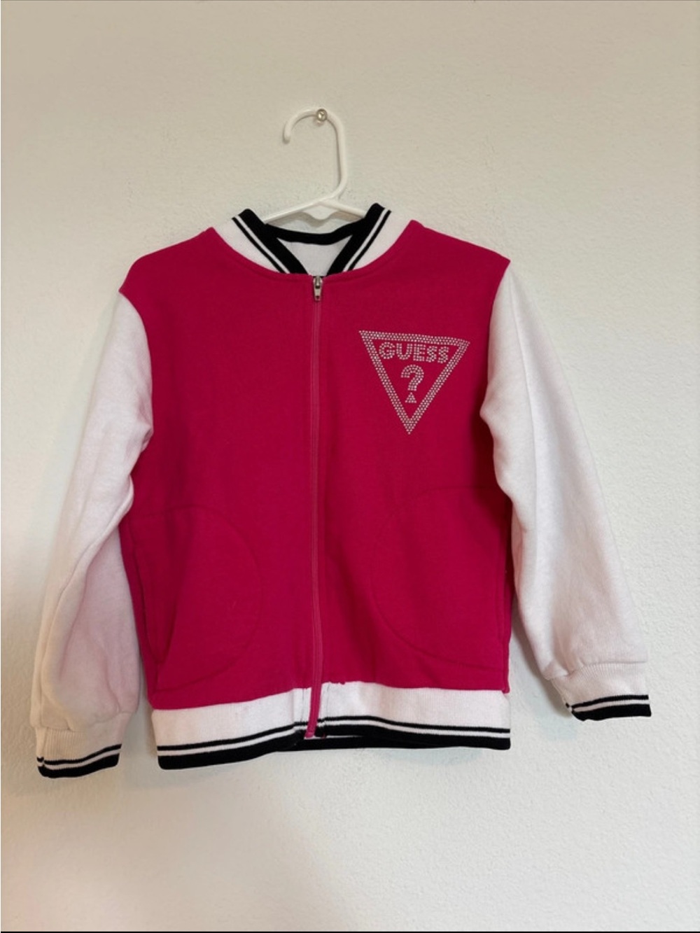 Vintage GUESS Y2K Girls' Pink and White Zip-Up Bomber Jacket (5-6) (M)